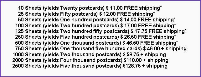 Text Box:       10 Sheets (yields Twenty postcards) $ 11.00 FREE shipping*      25 Sheets (yields Fifty postcards) $ 12.00 FREE shipping*      50 Sheets (yields One hundred postcards) $ 14.00 FREE shipping*    100 Sheets (yields Two hundred postcards) $ 17.00 FREE shipping*    125 Sheets (yields Two hundred fifty postcards) $ 17.75 FREE shipping*    250 Sheets (yields Five hundred postcards) $ 26.50 FREE shipping*    500 Sheets (yields One thousand postcards) $ 46.50 FREE shipping*    750 Sheets (yields One thousand five hundred cards) $ 46.00 + shipping  1000 Sheets (yields Two thousand postcards) $ 58.75 + shipping  2000 Sheets (yields Four thousand postcards) $110.00 + shipping  2500 Sheets (yields Five thousand postcards) $128.75 + shipping